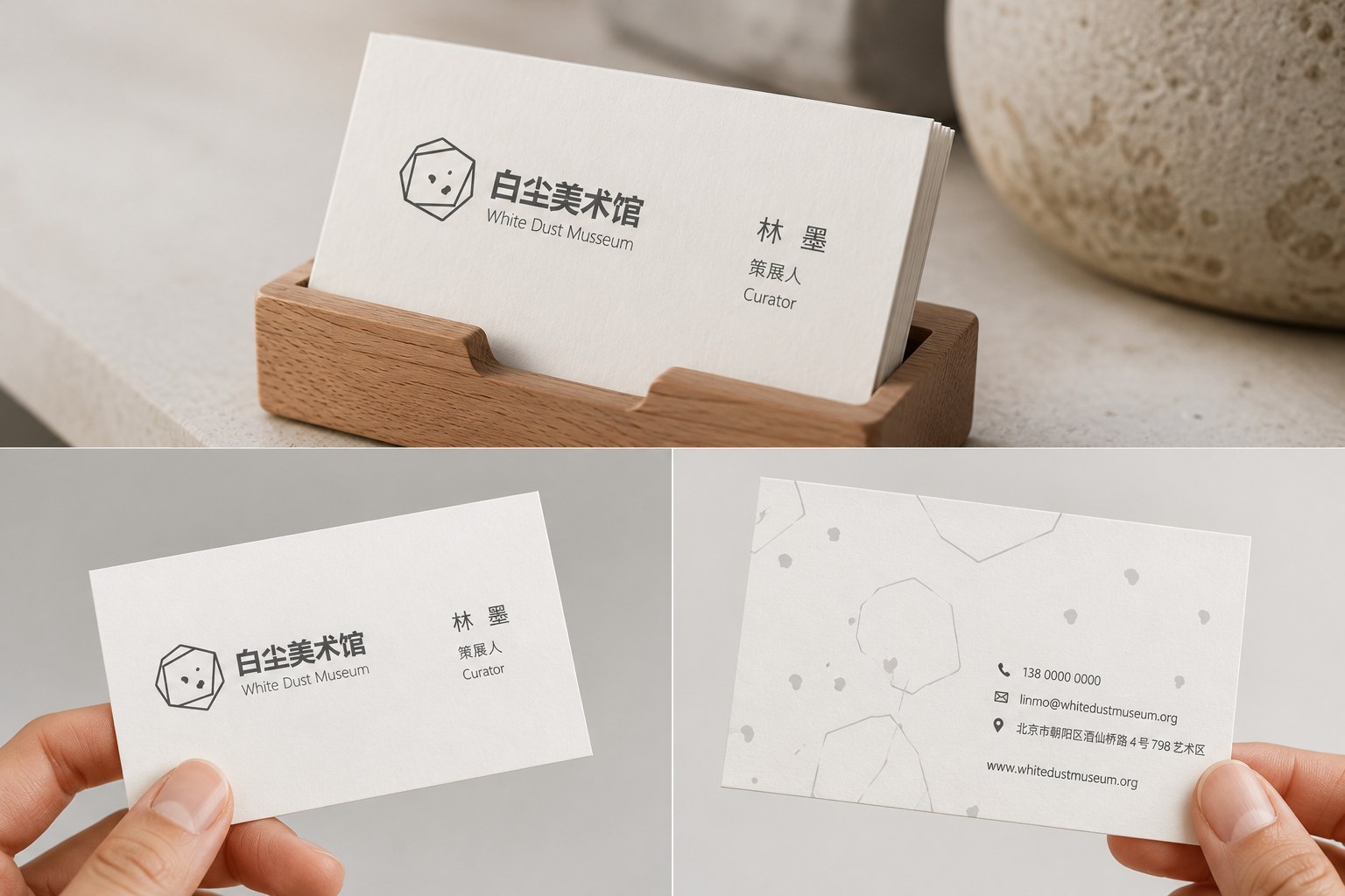 白尘美术馆名片视觉应用，展示标志与几何图形